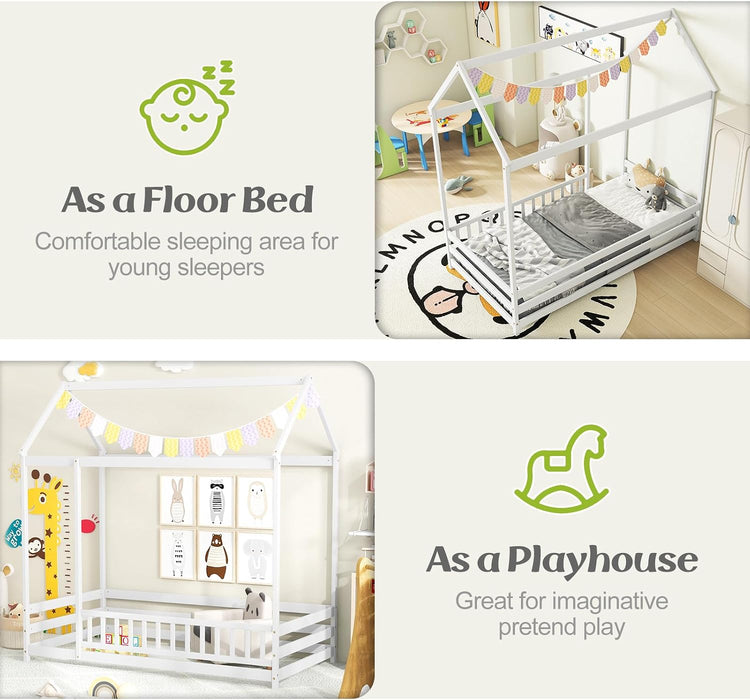 Twin SolidPine Montessori Floorbed White With Roof