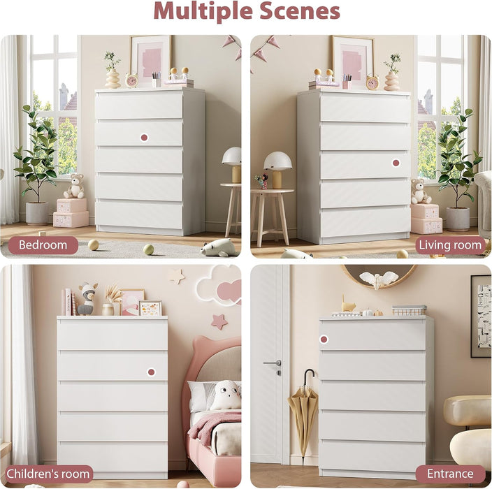 5 Drawer Dresser for Bedroom, White Dresser Chest of Drawers, Tall Dressers for Bedroom with Handleless Drawers, 15" D X 23.7" W X 40.4" H Storage Dressers for Living Room, Hallway and Entryway-White