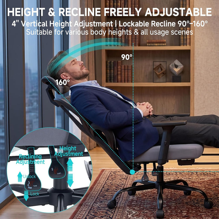 Ergonomic Office Chair with Footrest, 90-160° Reclining Mesh Desk Chair