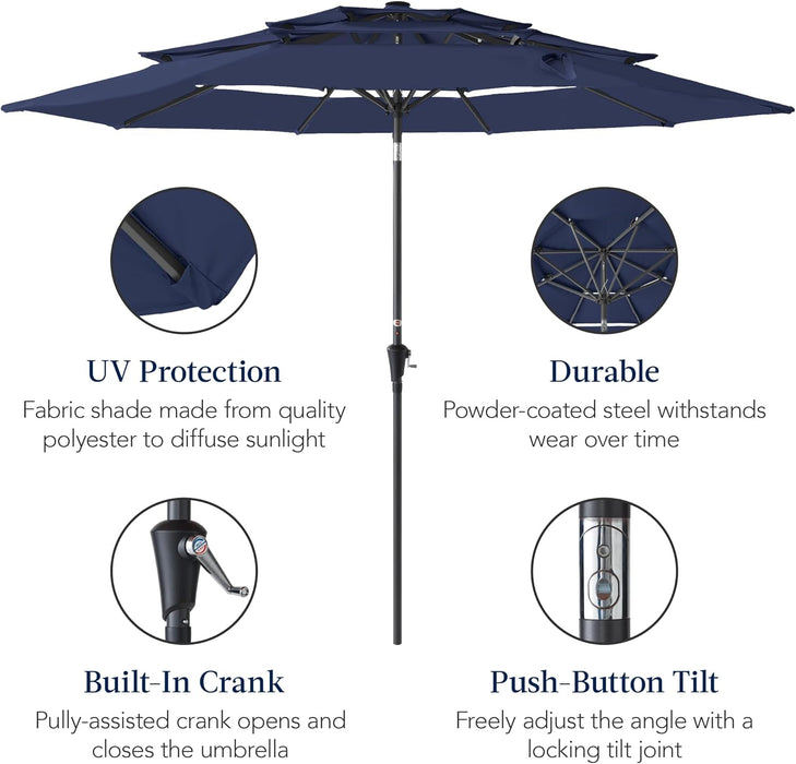 Best Choice Products 10Ft 3-Tier Market Patio Umbrella, Outdoor Sun Shade with Tilt, Crank Lift, 8 Ribs for Backyard, Deck, Poolside – Navy Blue