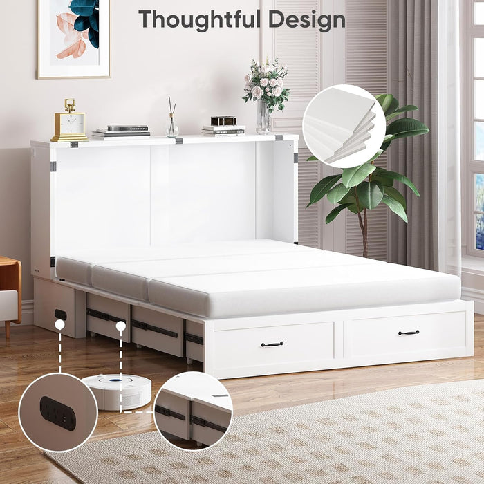 Queen Murphy Bed Cabinet Integrated Charging White