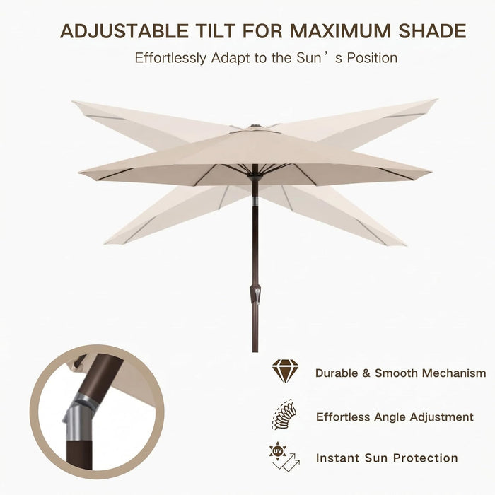 9FT Outdoor Patio Umbrella with Solar Lights, Market Table Umbrella with Push Button Tilt & Crank, 8 Sturdy Ribs, 32 LED Lights, UV Protection for Garden Lawn Deck Backyard Pool (Beige)