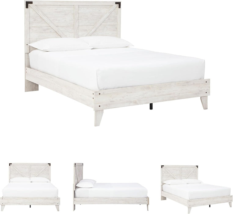 Signature Design by Ashley Shawburn Industrial Queen Crossbuck Panel Platform Bed with Metal Slats, Foundation or Box Spring Not Needed, Whitewash