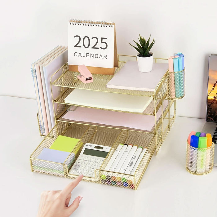 Paper Letter Tray Organizer with File Holder, 4-Tier Desk Accessories & Workspace Organizers with Drawer and 2 Pen Holder, Desk Organizers and Accessories for Office Supplies