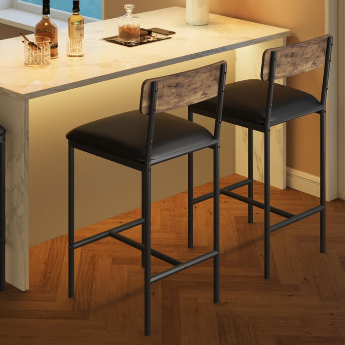 Bar Stools Set of 2, Kitchen Bar Stools with Footrest, 25.5 Inches Upholstered Bar Chairs with Back, 2 Counter Height Barstools for Counter Bar, Island, Easy Assembly, Rustic Brown