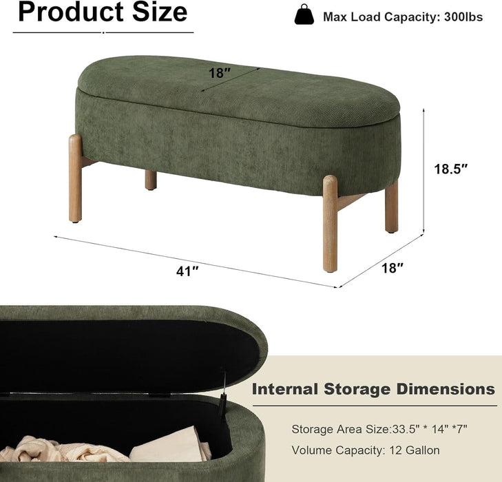 Storage Bench Ottoman, Upholstered Corduroy Storage Bench for Bedroom End of Bed, Modern Aesthetic Furniture, Large Oval Ottoman Bench for Foot of Bed, Living Room, Entryway, under Window (Green)