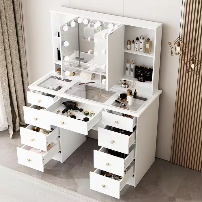 White Makeup Vanity Desk 9 Drawers Wood Dressing Table with 3 LED Bulb Light Mirrors, Glass Top, Hidden Storage Shelves