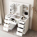 White Makeup Vanity Desk 9 Drawers Wood Dressing Table with 3 LED Bulb Light Mirrors, Glass Top, Hidden Storage Shelves