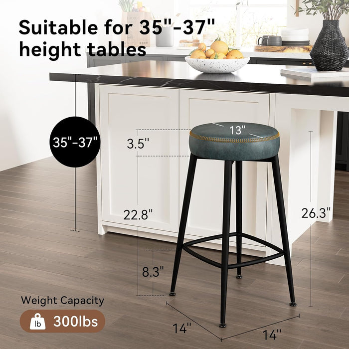 Counter Height Bar Stools Set of 2,26.3" H Backless Barstools, Mid Century Modern Bar Stools for Kitchen Island,Faux Leather,Metal Base, Grayish Blue