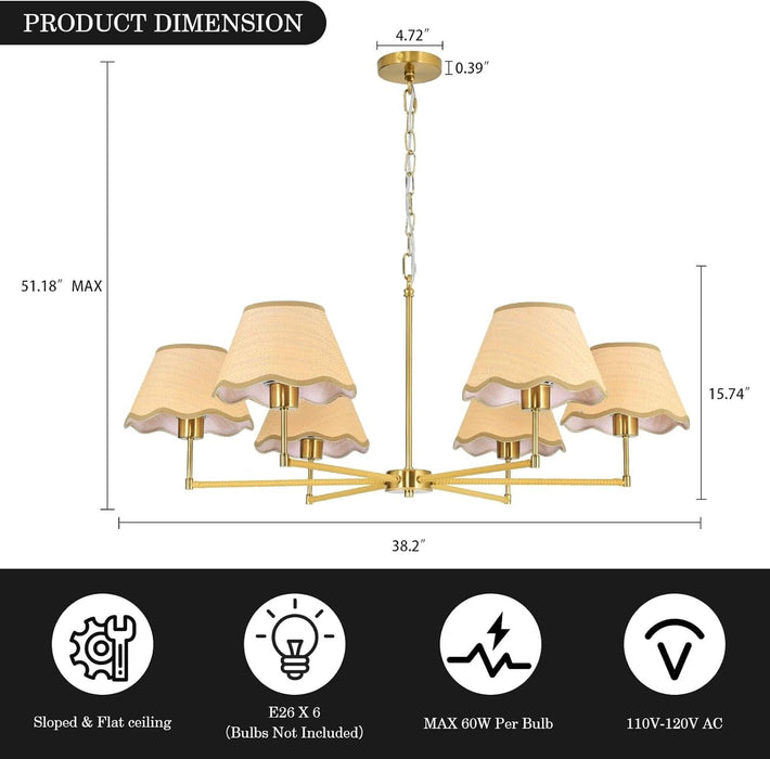6-Light Boho Rattan Chandelier 39″ Rattan Pendant Light with Hand-Woven Shade Adjustable Height Vintage Dining Room Chandelier for Kitchen Island Living Room Bedroom Foyer E26 Base