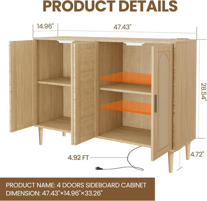 Rattan Sideboard Buffet Cabinet, Wooden Side Board Accent Buffet with Power Outlet, Wood Sideboard with 4 Doors, BOHO Cabinet for Entryway, Hallway, Dining Room, Living Room, Coffee Bar (Wood)