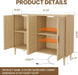 Rattan Sideboard Buffet Cabinet, Wooden Side Board Accent Buffet with Power Outlet, Wood Sideboard with 4 Doors, BOHO Cabinet for Entryway, Hallway, Dining Room, Living Room, Coffee Bar (Wood)