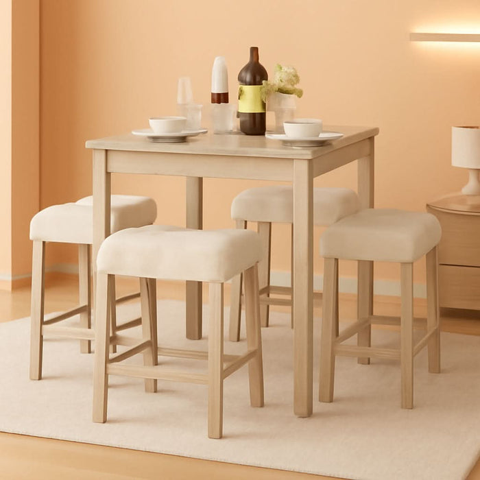 5-Piece Bar Table Set, Square Breakfast Set for 4 W/Padded Stools, Small Kitchen Table Set W/Rubber Wood Legs, Space-Saving Dining Table Set for Living Room, Kitchen, Small Space