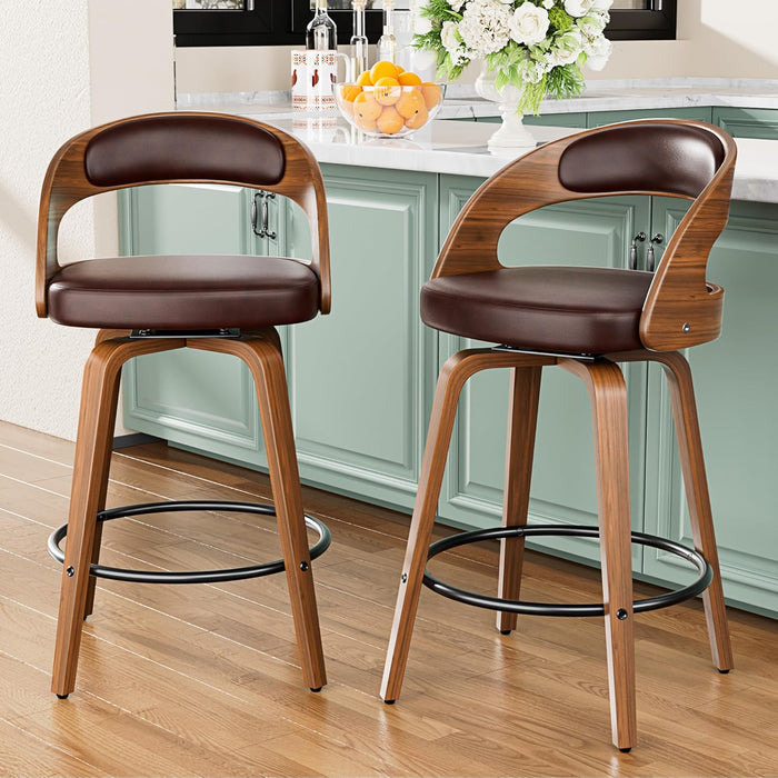 Bar Stools Set of 2, 26" Counter Height Barstools with Bentwood Legs, Swivel Counter Stools with Back, Mid Century Modern Faux Leather Upholstered Barstools for Kitchen Island, Brown