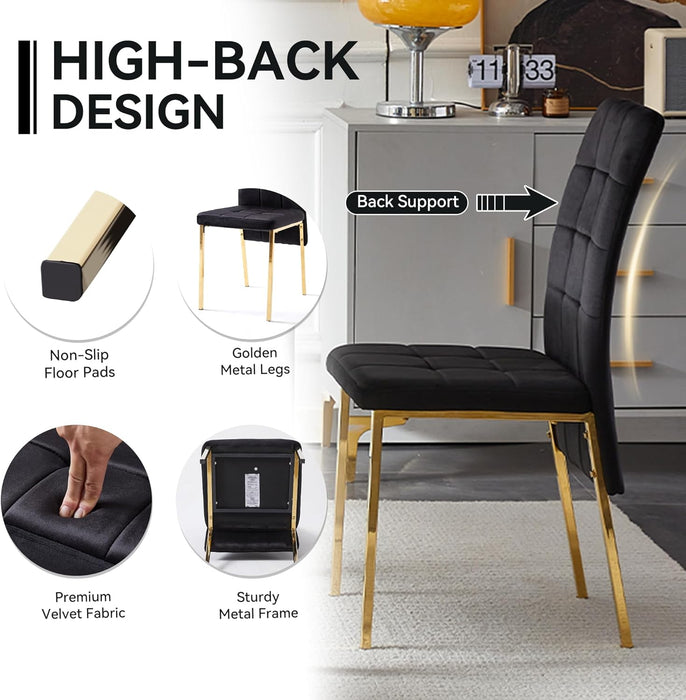Velvet Dining Chairs Set of 4, Modern Upholstered Fabric Kitchen Chairs, Dining Room Chairs with Golden Metal Legs for Kitchen & Living Room, Black
