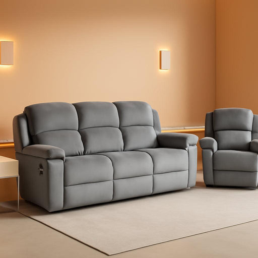Manual Reclining Couch Set for Living Room, Include 1 Recliner Chair, 3 Seat Sofa, Soft Microfiber Recliner Sofa Furniture Set for Home and Office, Grey