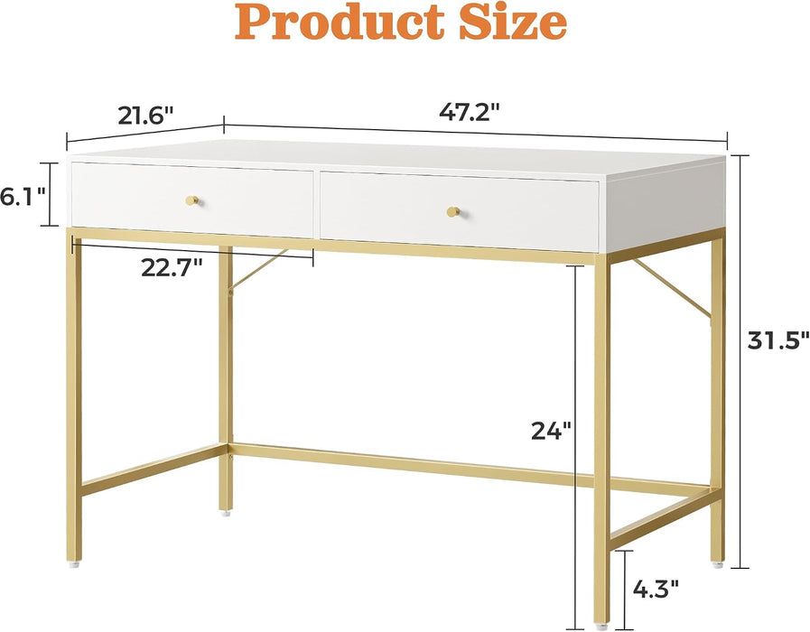 White and Gold Vanity Desk with Drawers, 47 Inch Computer Desk