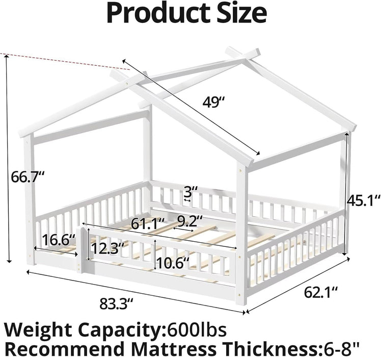 Queen House Floor Bed White MontessoriPlayhouse Fence