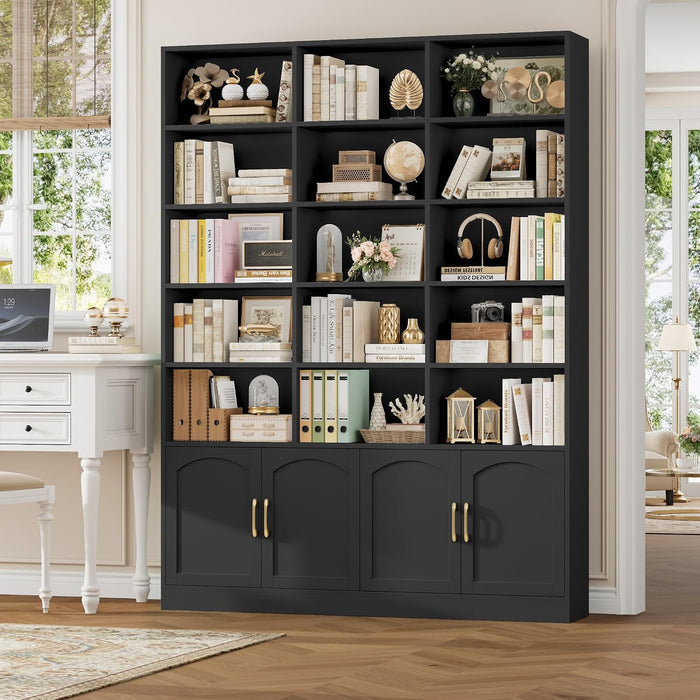 82.3" Triple Wide Bookshelf, Tall Bookcase with 4 Doors, Black