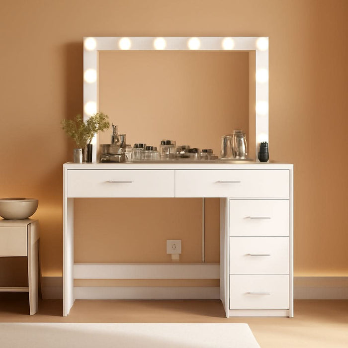47.2" Large Vanity Desk with Mirror & 14 LED Lights, Makeup Vanity Table with 5 Drawers & Charging Station, Makeup Vanity Desk, 3 Lighting Colors, Dressing Vanity Table for Bedroom, White