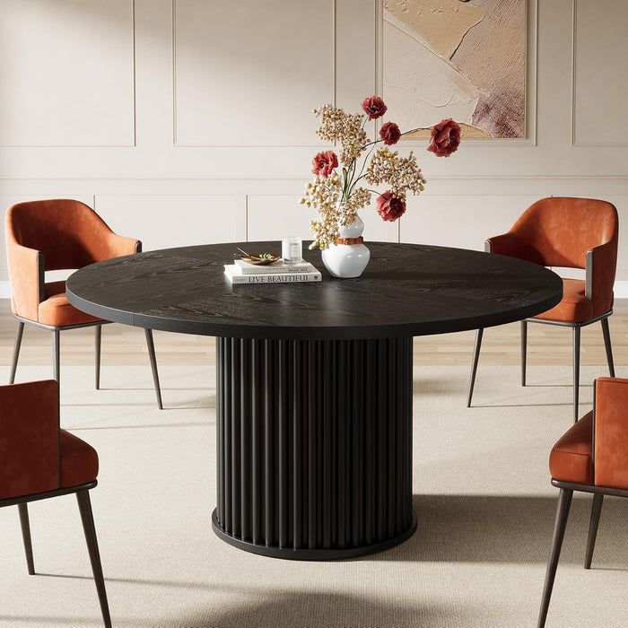 47.24-Inch Black round Dining Table for 4-6 People, Modern Fluted MDF + Metal Base Kitchen Table, Sturdy Circle Dining Room Furniture, Black