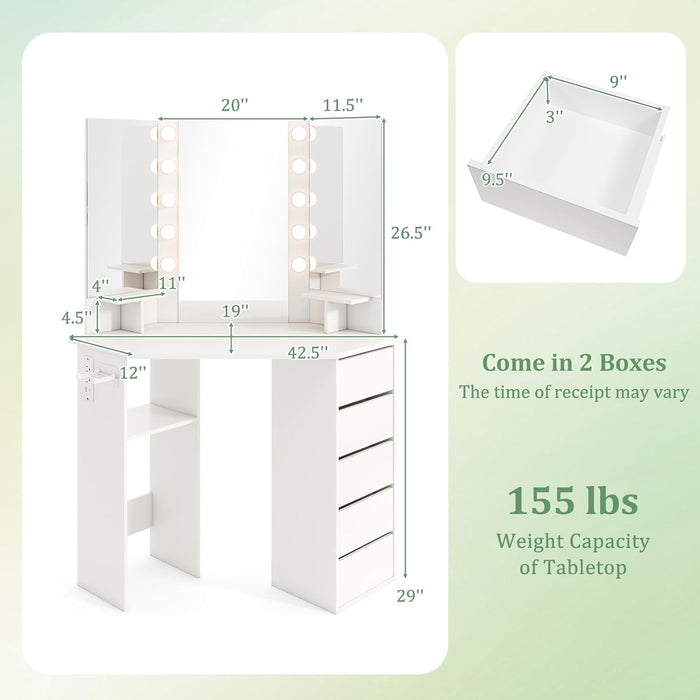 Corner Vanity Desk with Mirror and Lights, White Makeup Vanity Table with 5 Drawers, Storage Shelves, Charging Station, 3 Lighting Modes, Compact Vanity Dressing Table for Small Space