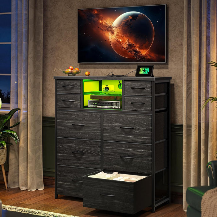 Black Dresser for Bedroom with LED Lights & Power Outlets 2 AC & 2 USB, Fabric 10 Drawer Dressers & Chest of Drawers with Open Shelves for Hallway Living Room Closet, Metal Frame, Wood Top