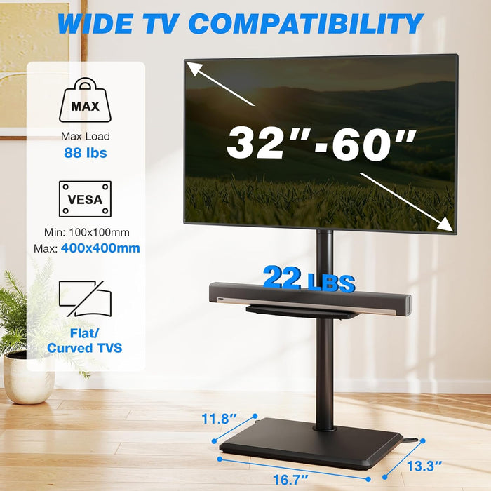 Swivel Floor TV Stand with Mount for 32-60 Inch Tvs up to 88Lbs, Height Adjustable TV Mount with Wood Base & Shelf, Space-Saving Design Tall TV Stands for Living Room, Bedroom, Corner