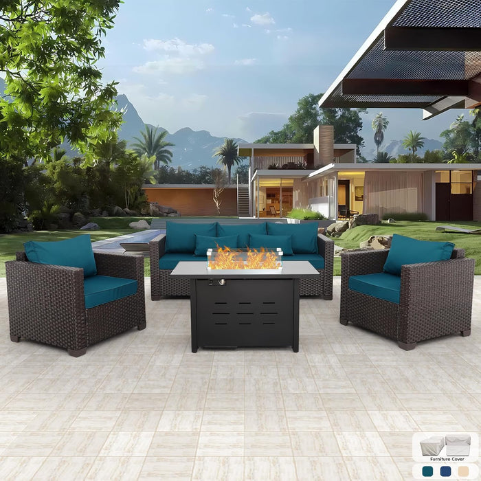 4 Piece Patio Furniture Set 45In Fire Pit Table Outdoor Furniture Sets Patio Couch Outdoor Chairs 50000 BTU Propane Fire Pit with No-Slip Cushions and Waterproof Covers, Peacock Blue