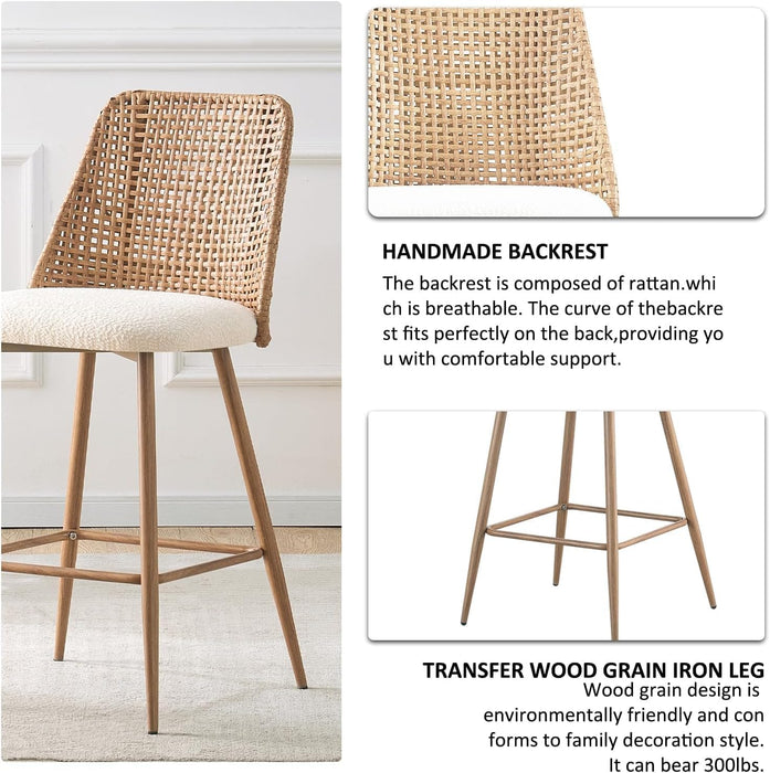 Rattan Counter Height Bar Stools Set of 2, 26" Boucle Fabric Upholstered Barstools with PE Rattan Cane Back, Bar Chairs Counter Stools for Kitchen Island,Beige White