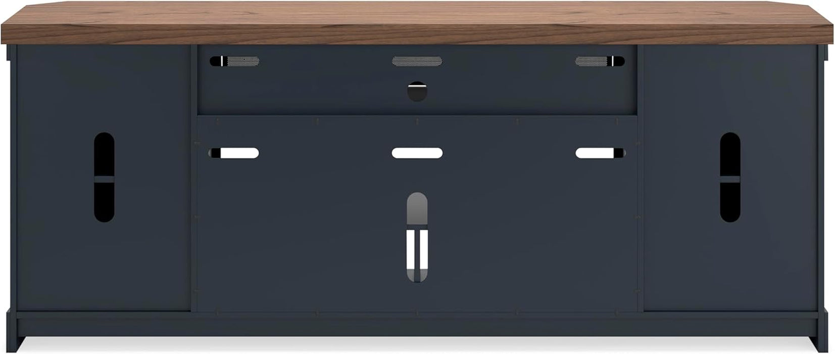 Landocken Contemporary 83" TV Stand for Tvs up to 95" with Fireplace Option, 2 Cabinets, 2 Doors, 2 Adjustable Shelves, Open Cubbies and Cord Openings, Dark Brown & Blue