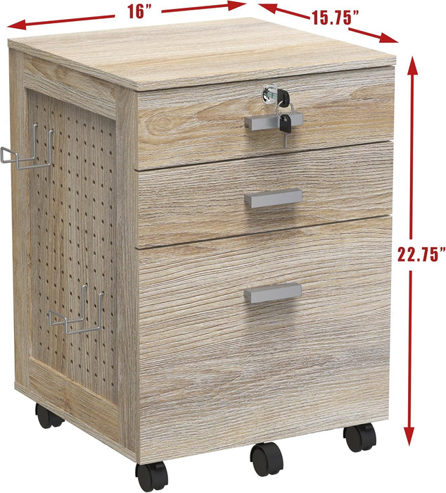 Box File Rolling Mobile Cabinet with Side Pegboard, Maple