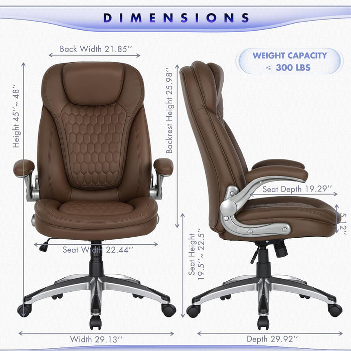 Executive Office Chair-Ergonomic Computer Desk Chair, High Back Leather Chair with Padded Flip-Up Arms, Swivel Home Office Chair Upgraded Caster, Brown