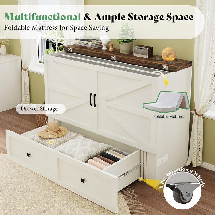Full Murphy Bed Cabinet Distressed White StorageSolution