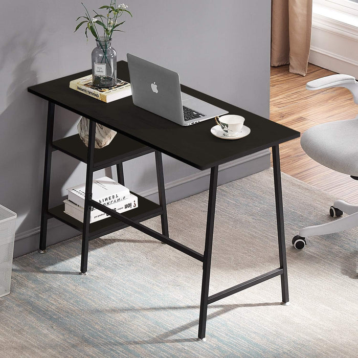 43" Home Office Computer Desk Trestle Desk with 2 Shelves Writing Study Workstation Style Wood Table Metal Frame for Home Office Reversible Storage Desk, Black