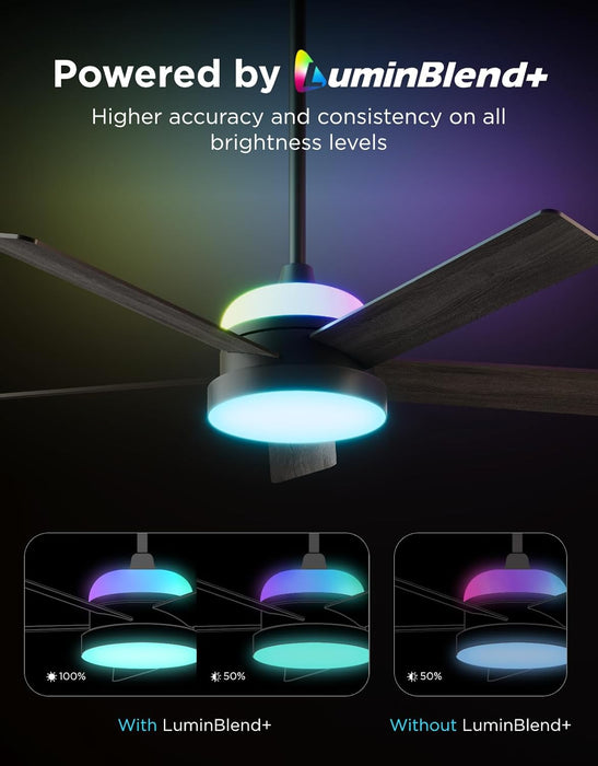 Ceiling Fan with Lights, RGBIC Smart 52'' Low Profile Ceiling Fan with Lights and Remote, Reversible DC Motor, Dimmable, 2800Lm, Ceiling Fan for Bedroom, Living Room, Black
