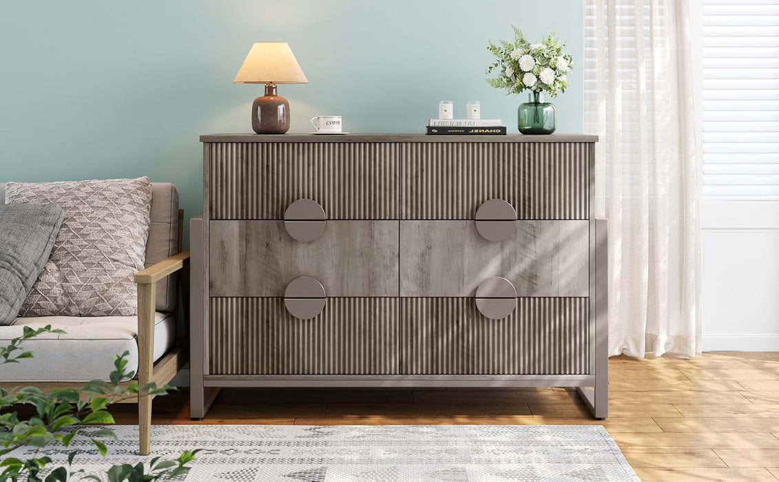 Modern Fluted Dresser for Bedroom, 50" W Solid Chest of Drawers, 6 Large Drawers 34" H Dresser with Great Depth Drawers-Semicylinder Drawer Front Design, Stable Raised Legs, Large Handles,Gray