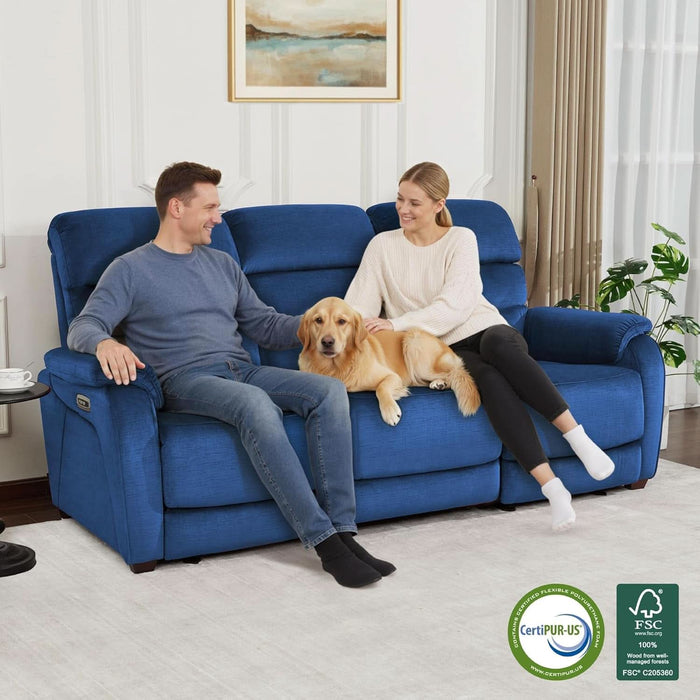 87.2'' Wall Hugger Power Recliner Sofa with Drop down Table, Reclining Sofa with Adjustable Headrest, USB Charge Ports, Reading Lamp, for Living Room, Rvs, Fabric, ST258M3 (3-Seater, Navy Blue) | Zero Wall Hugger