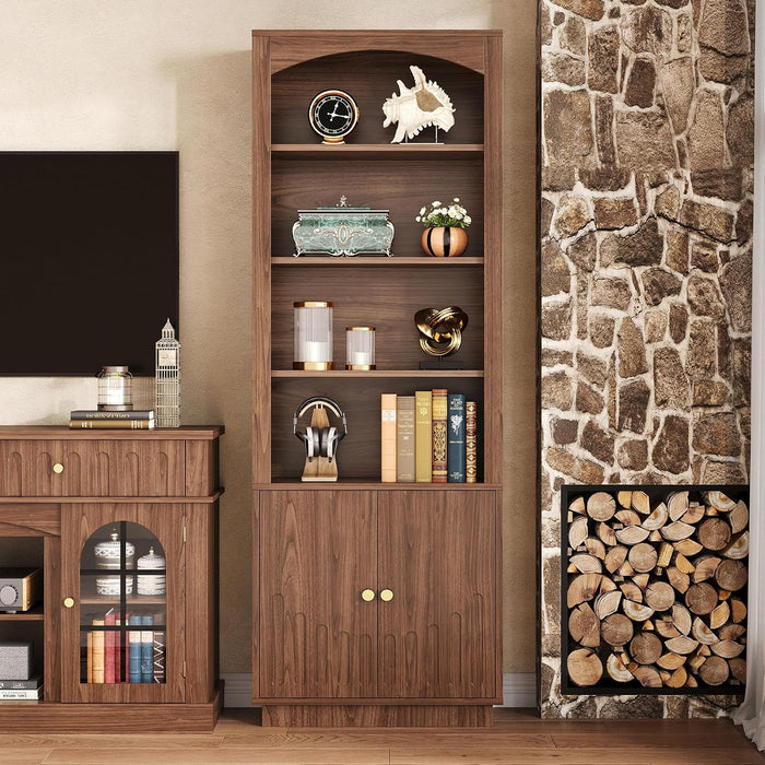 Book Shelf and Bookcases with Doors Floor Standing 6 Shelf Display Storage Shelves, 70.8" Tall Bookcase for Home Office, Living Room, Mid-Century Modern, Walnut Brown