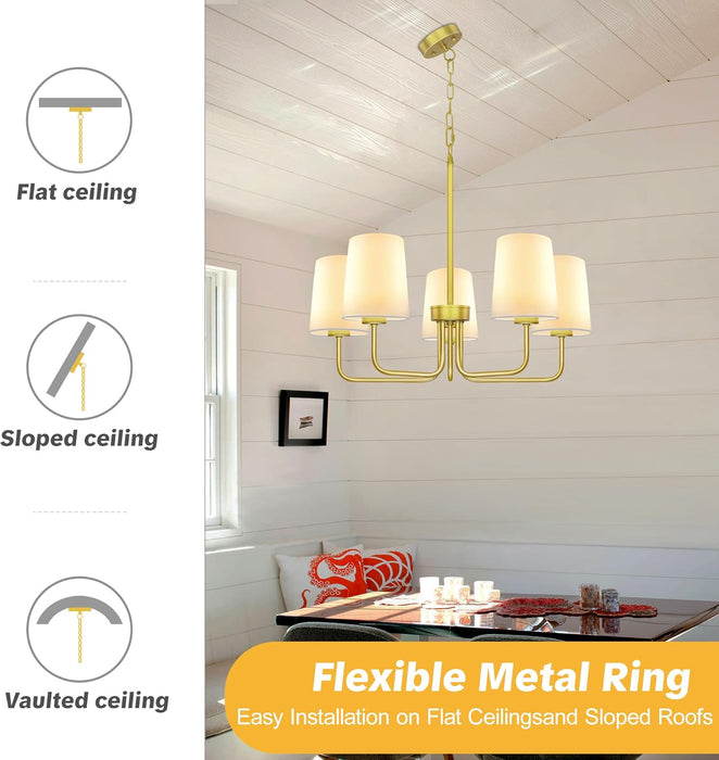 Farmhouse Chandelier, 5-Light Gold Chandelier with White Fabric Shade, Height Adjustable Modern Dining Room Light Fixture with E26 Base for Bedroom Foyer Hallway Entryway Kitchen Living Room