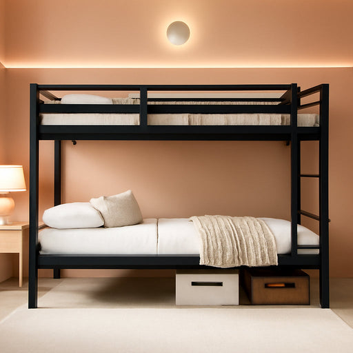 Metal Bunk Bed Full over Full with Ladder and High Guardrail, Heavy-Duty Metal Slats Support, Noise Free, No Box Spring Needed, for Kids and Juniors, Black