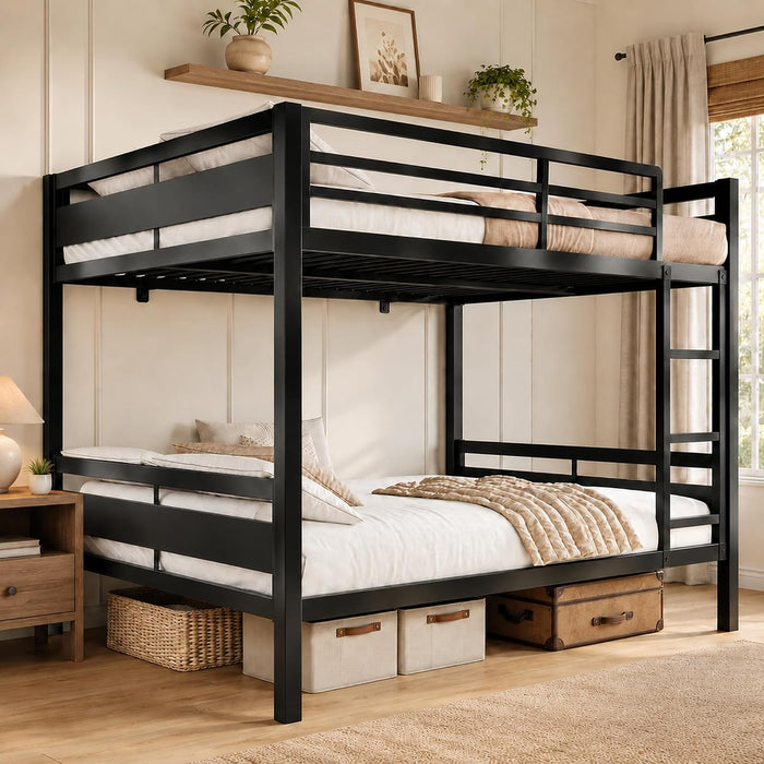 Metal Bunk Bed Full over Full with Ladder and High Guardrail, Heavy-Duty Metal Slats Support, Noise Free, No Box Spring Needed, for Kids and Juniors, Black