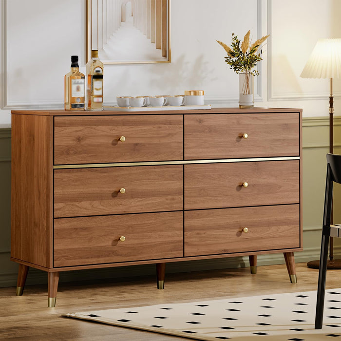 Walnut 6-Drawer Dresser 47-Inch Modern Mid Century