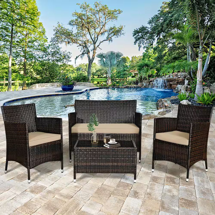 4-Pieces Rattan Patio Outdoor Furniture Set with Beige Cushioned Chair Loveseat Table