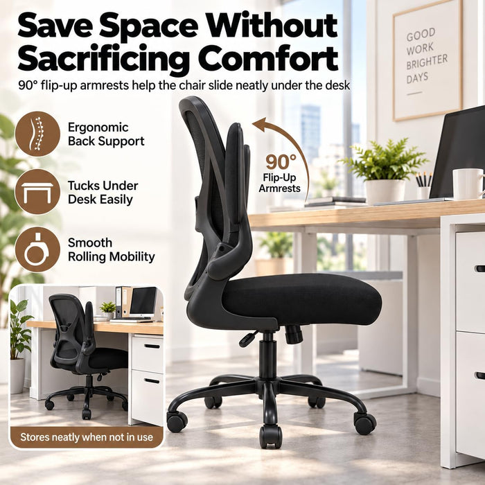 Ergonomic Office Chair with 90° Flip-Up Armrests and Adjustable Lumbar Support, Mid-Back Breathable Mesh Home Office Chair with 3.15” Thick Seat Cushion, 300Lbs Weight Capacity, 1PC, Black