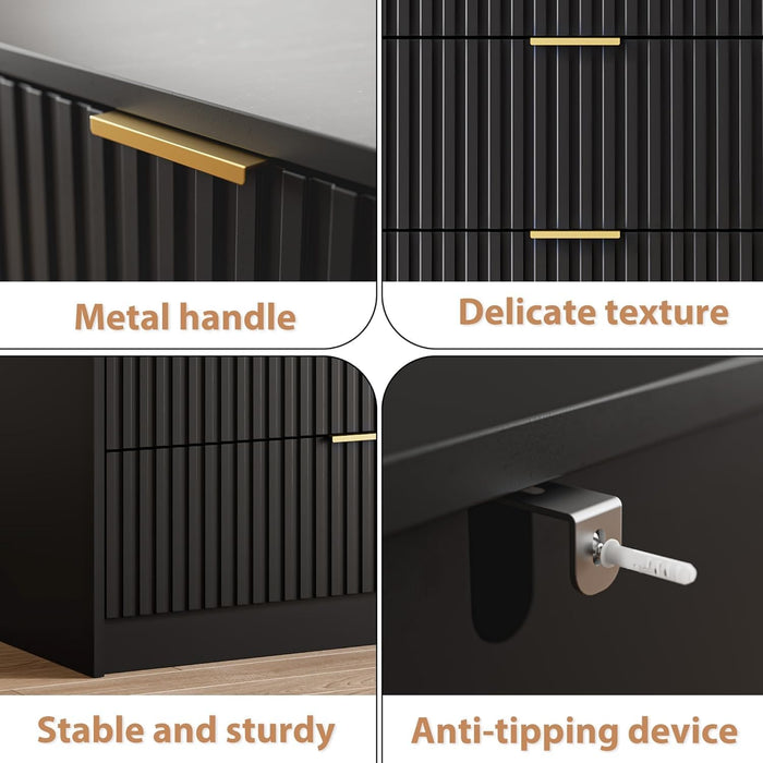 55" Wide Fluted 6-Drawer Double Dresser for Bedroom, Black