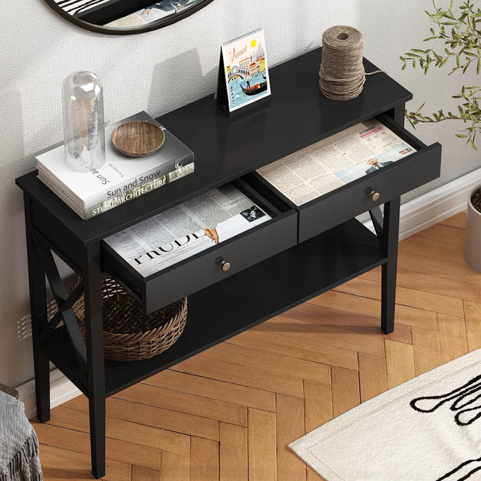Console Table with Drawers, Narrow Wood Accent Sofa Table Entryway Table with Storage Shelf for Entryway, Front Hall, Hallway, Living Room, Black