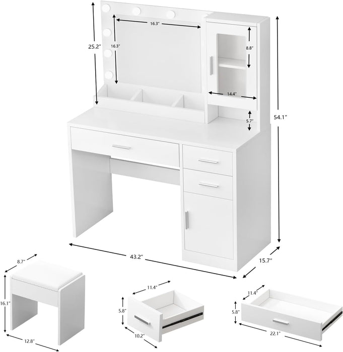 Makeup Vanity Desk Set with LED Lights Mirror Chair, Vanity Table with 7 Storage Shelves and 3 Drawers,3 Lighting Modes Adjustable Brightness Dressing Table for Bedroom,White