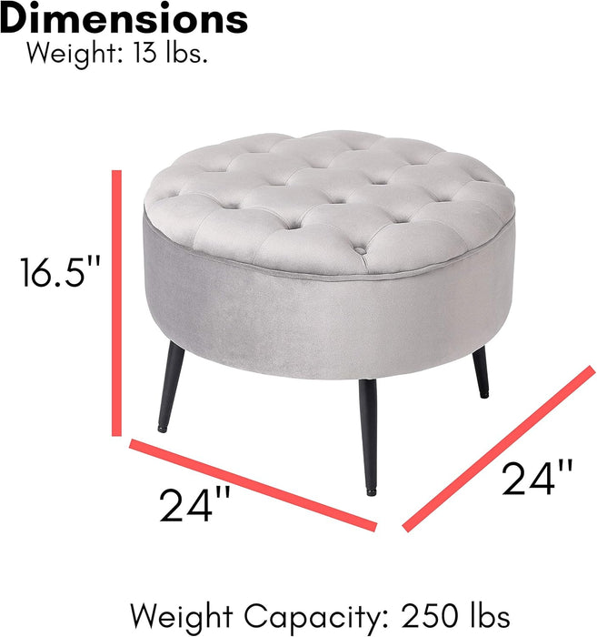 Tufted round Ottoman - Velvet Footrest with Cushion and Mid-Century Modern Steel Legs - Ideal for Living Room, Bedroom, or Office Seating - Soft, Compact Decorative Footstool - Grey
