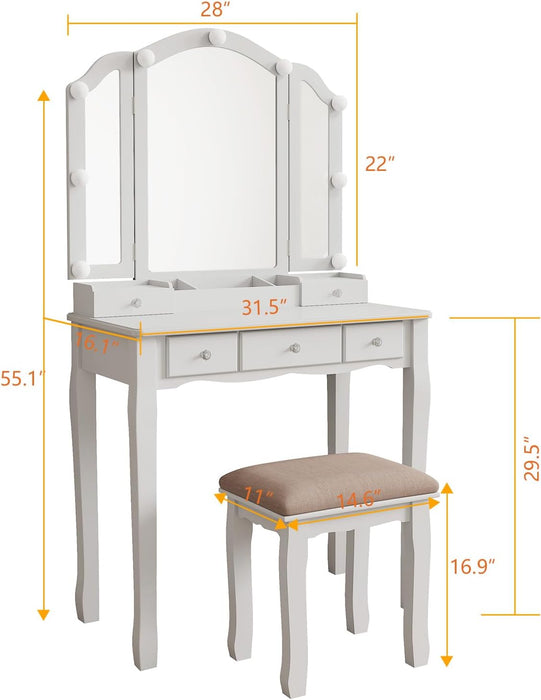 White Cosmetic Vanity Desk With Illuminated Mirror